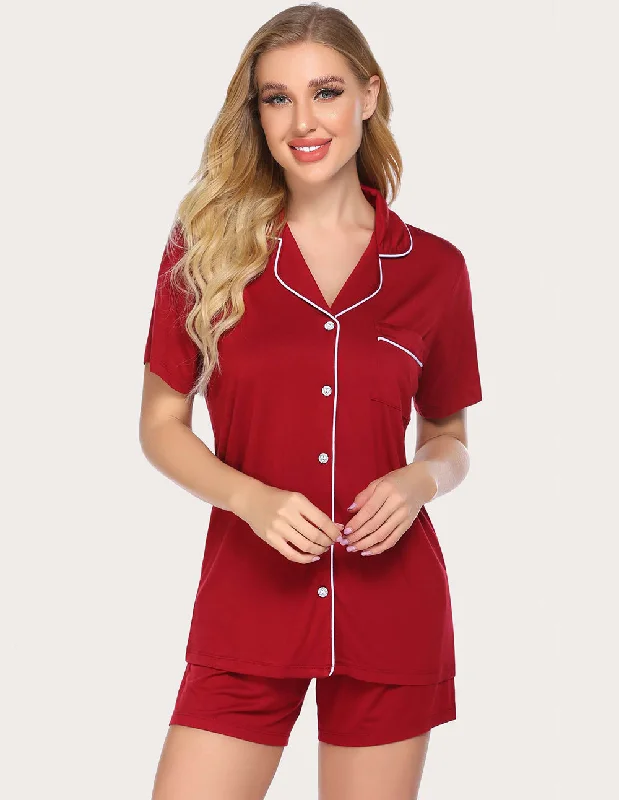 Ekouaer Contrast Piping Pocket Patched Pajama Set