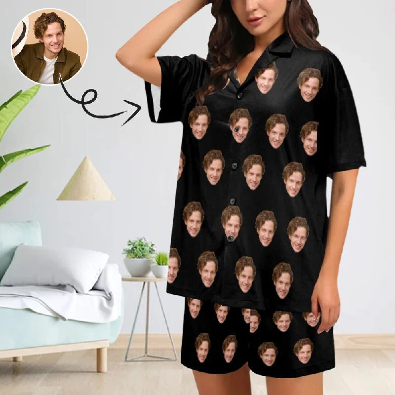 Custom Face Boyfriend Black Loungewear Personalized Photo Sleepwear Women's V-Neck Short Pajama Set