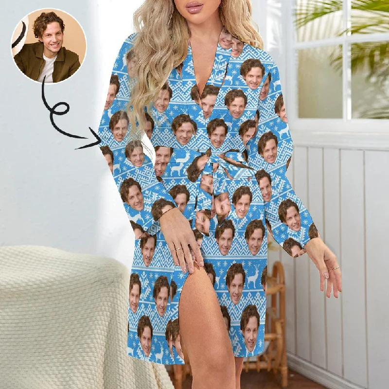 Custom Face Boyfriend Chrismas Blue Women's Nightwear Personalized Photo Pajamas Kimono Robe