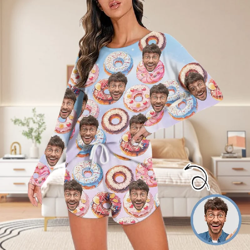 Custom Face Donut Pajama Set Personalized Women's Long Sleeve Top and Shorts 2 Piece Loungewear