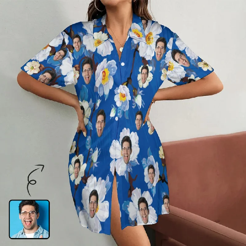 Custom Face Flowers Bloom Women's Satin Shirt Nightdress - Dark Blue