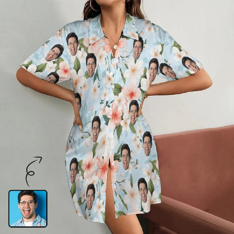 Custom Face Flowers Bloom Women's Satin Shirt Nightdress - Pale Blue