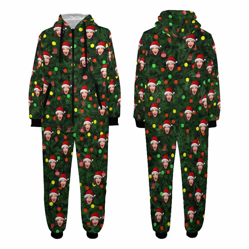 Custom Face Green Christmas Tree Onesie Pajamas Flannel Fleece Adult Jumpsuit Homewear