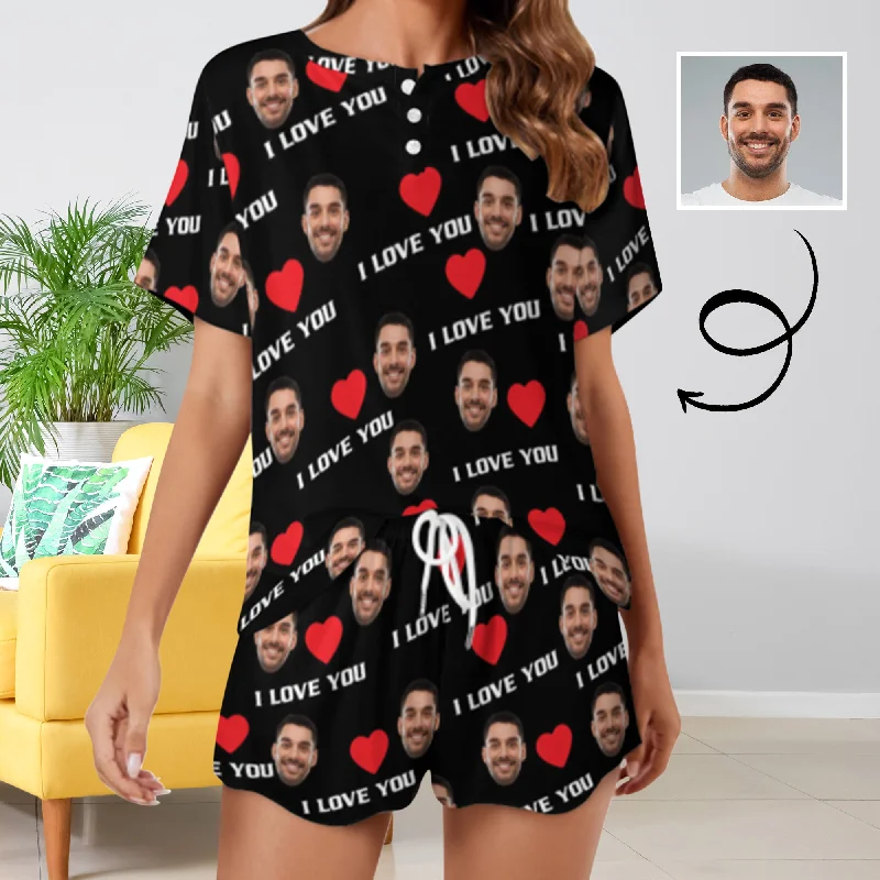 Custom Face I Love You&Heart Print Pajama Set Women's Short Sleeve Top and Shorts Loungewear Athletic Tracksuits