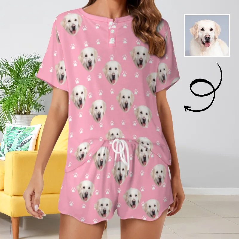 Custom Face Lovely Dog Pink Print Pajama Set Women's Short Sleeve Top and Shorts Loungewear Athletic Tracksuits