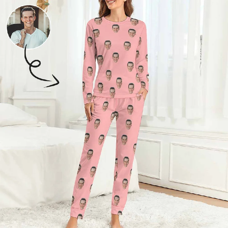 Custom Face Pajamas Boyfriend Pink Sleepwear Personalized Women's Crewneck Long Pajamas Set