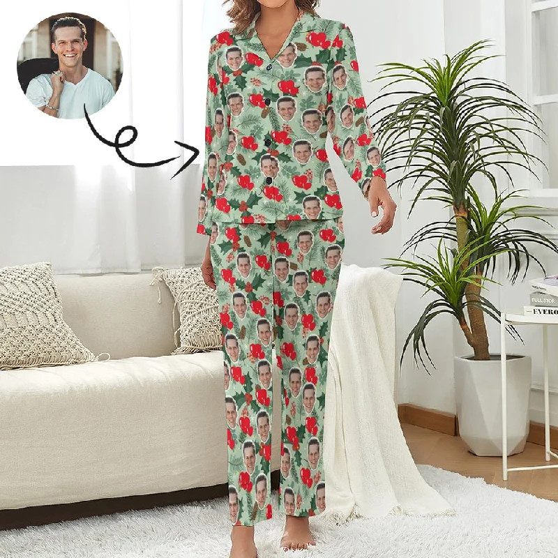 Custom Face Pajamas Leaves&Heart Green Sleepwear Personalized Women's Long Pajama Set