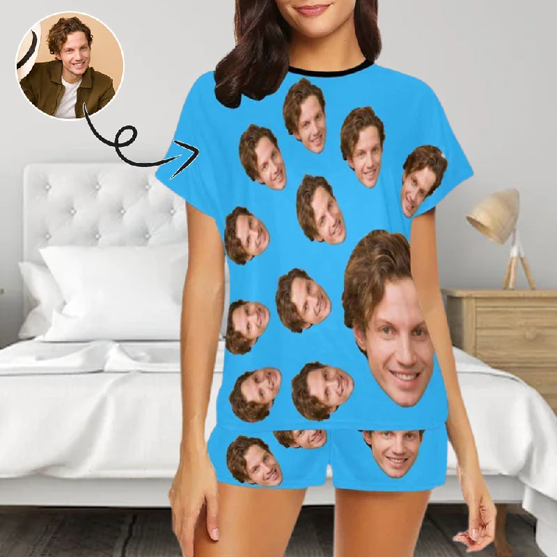 Custom Face Pajamas My Lover Blue Sleepwear For Her Personalized Women's Short Pajama Set