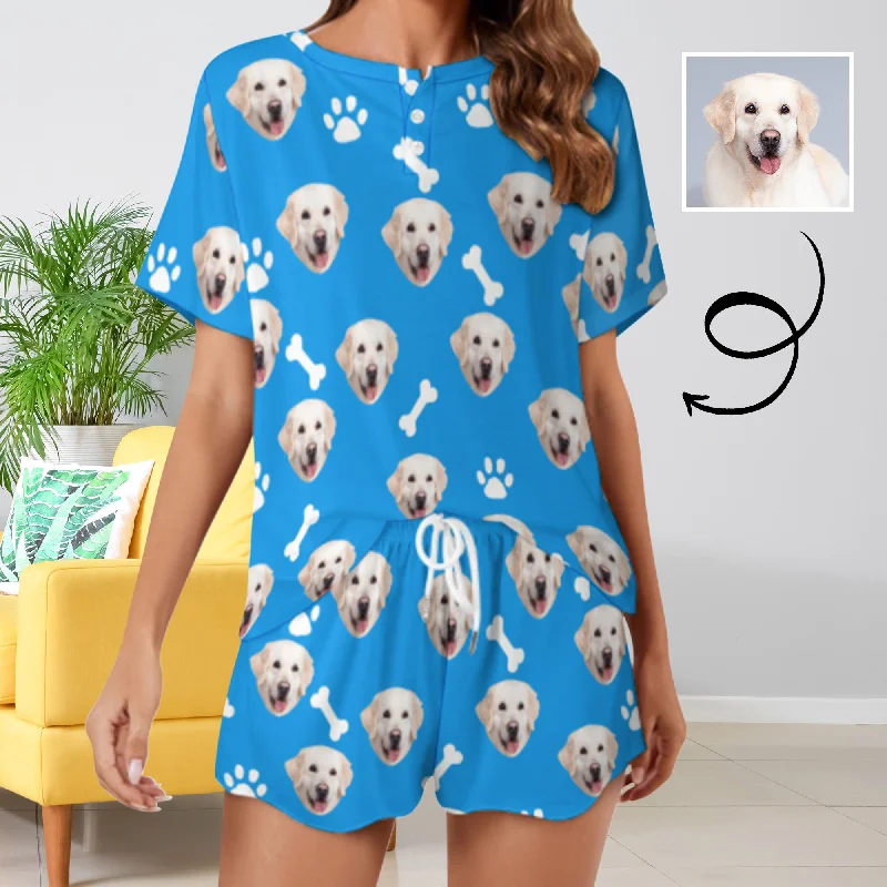 Custom Face Pet Footprint&Bone Print Pajama Set Women's Short Sleeve Top and Shorts Loungewear Athletic Tracksuits