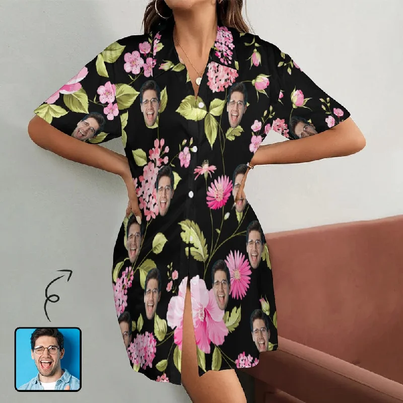 Custom Face Pink Flower Blooming Women's Satin Shirt Nightdress - Black