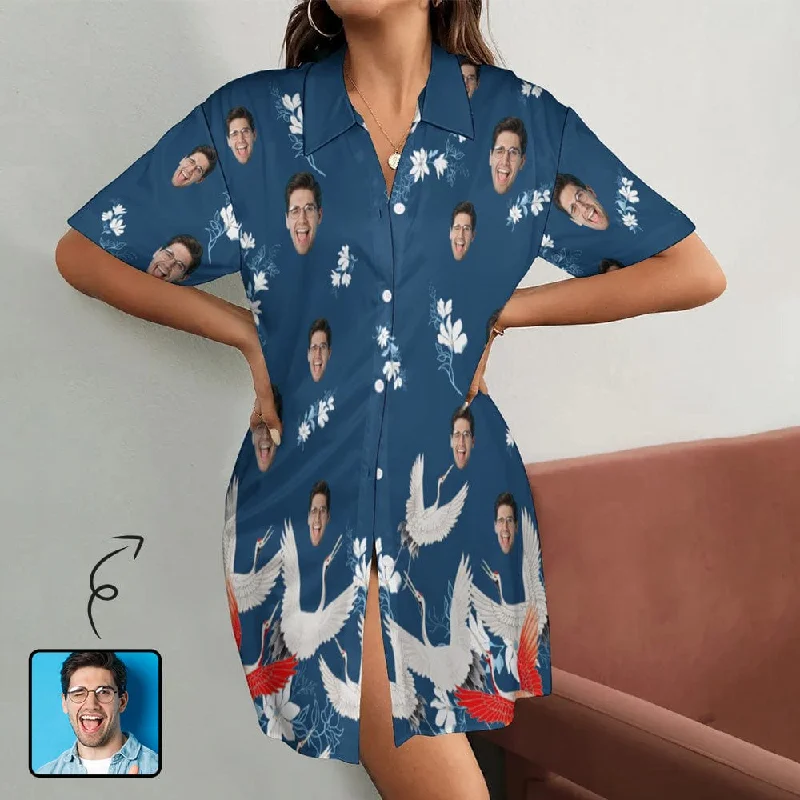 Custom Face Red-Crowned Crane Pattern Women's Satin Shirt Nightdress - Blue