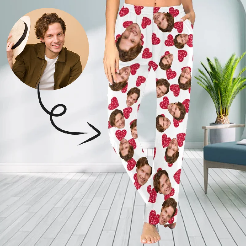 Custom Face Red Heart Sleepwear Personalized Women's Slumber Party Long Pajama Pants