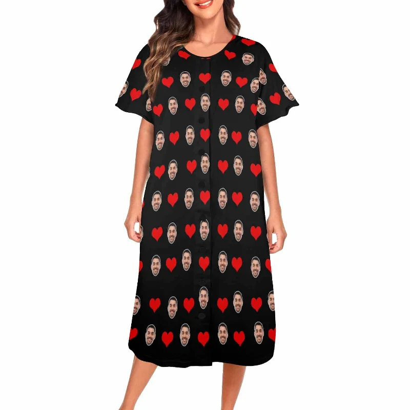 Custom Face Red Love Heart Women's Pajama Dress - Black