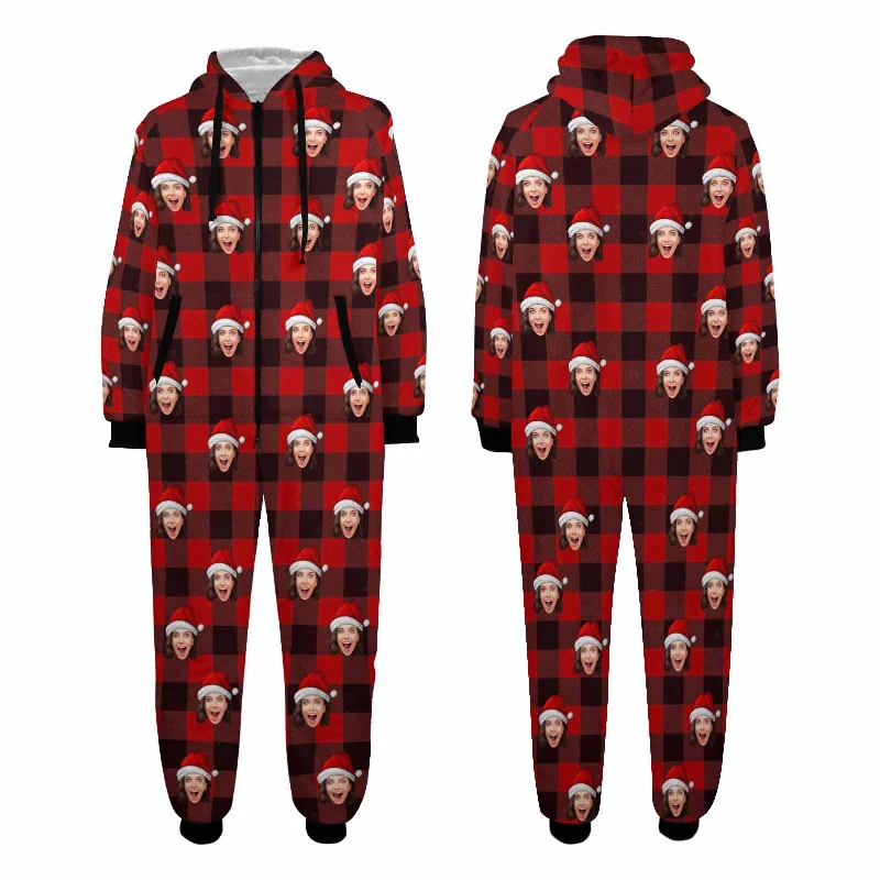 Custom Face Red Plaid Onesie Pajamas Flannel Fleece Adult Jumpsuit Homewear