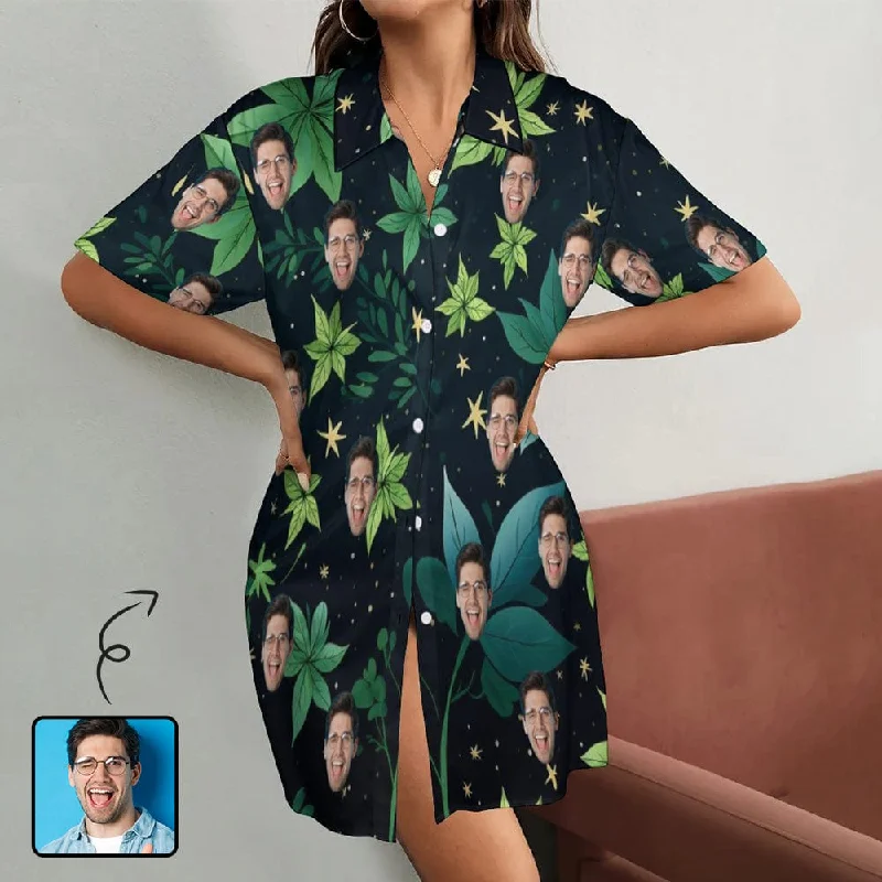 Custom Face Starry Night Green Plant Women's Satin Shirt Nightdress - Black