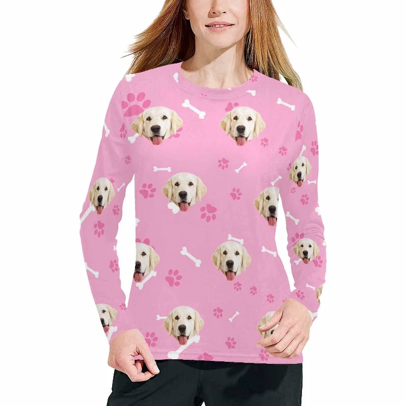 Custom Face Women's Long Pajama Shirt&Pant Personalized Pet Bone Pink Sleepwear