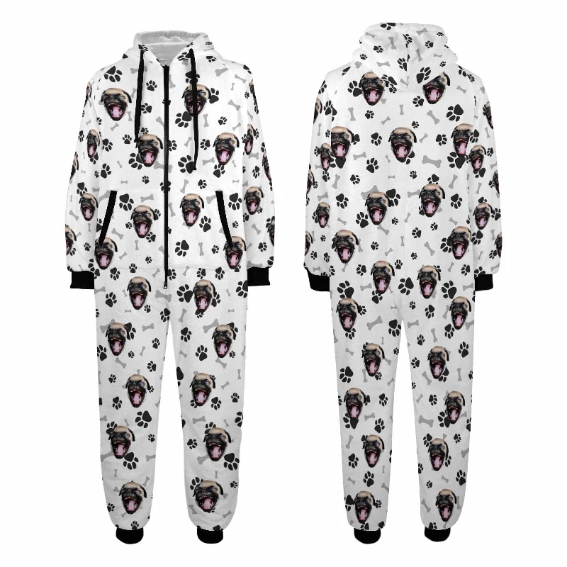 Custom Pet Face Dog Bones Onesie Pajamas Flannel Fleece Adult Jumpsuit Homewear