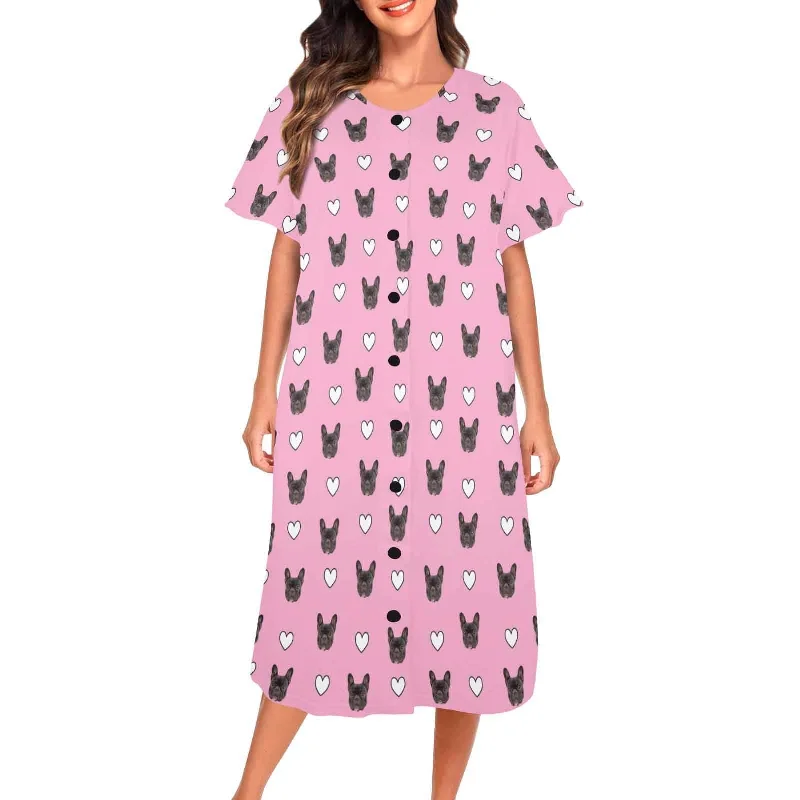 Custom Pet Face Hollow Love Heart Women's Pajama Dress - Pink