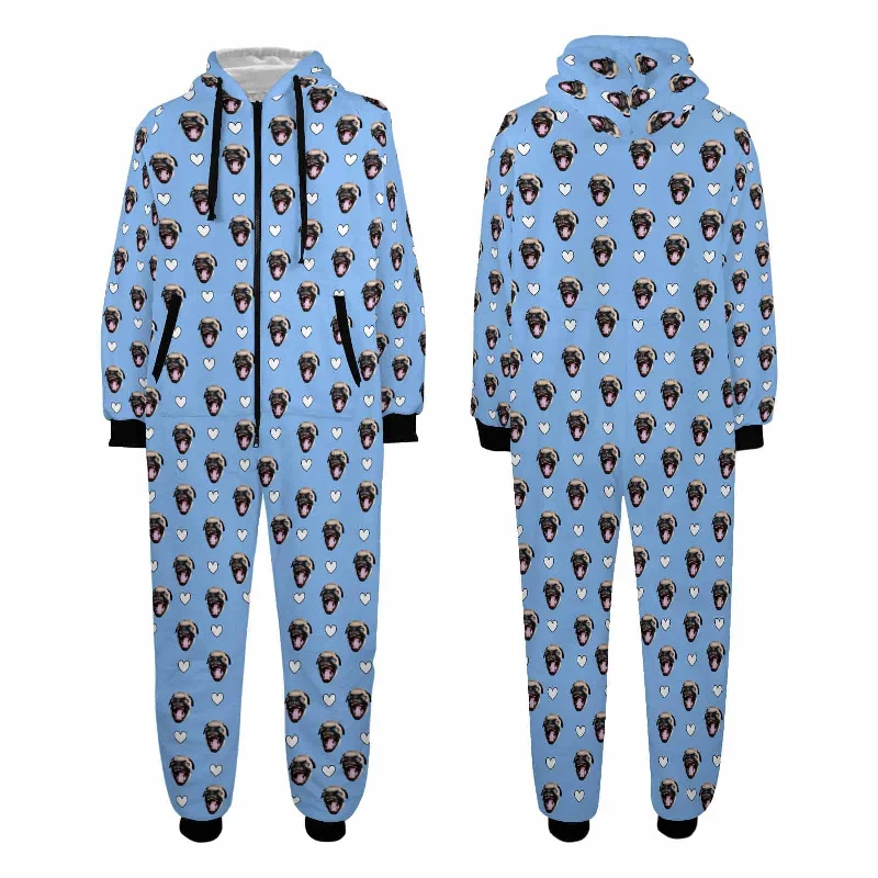 Custom Pet Face Onesie Pajamas Flannel Fleece Adult Jumpsuit Homewear