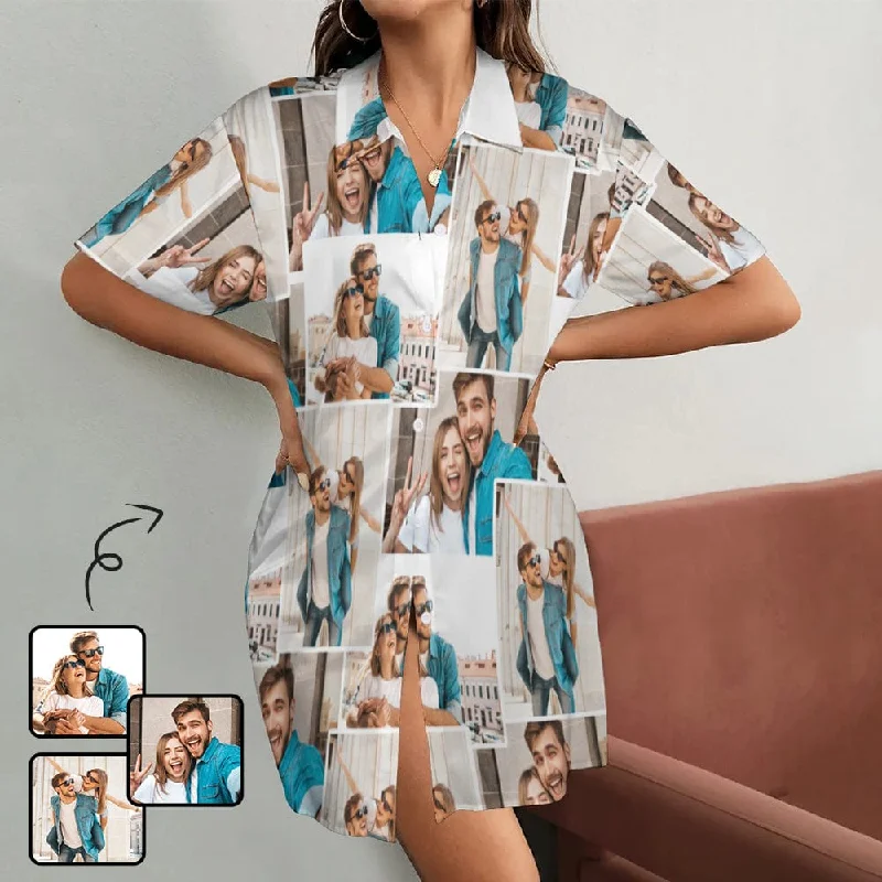 Custom Photos Stitching Women's Satin Shirt Nightdress