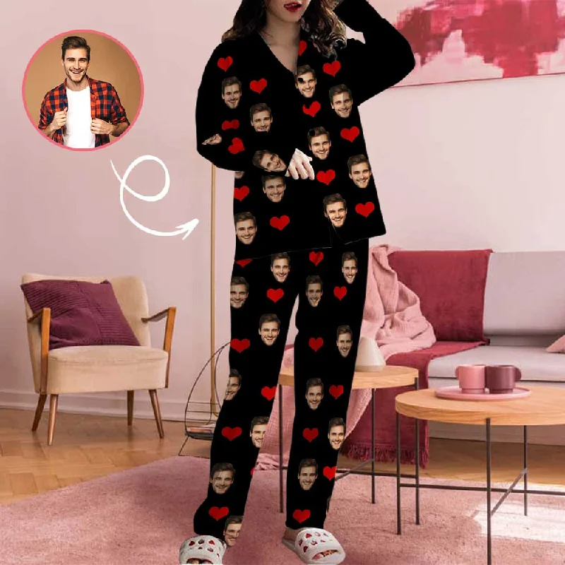 Custom Face Red Heart Women's Long Pajama Set