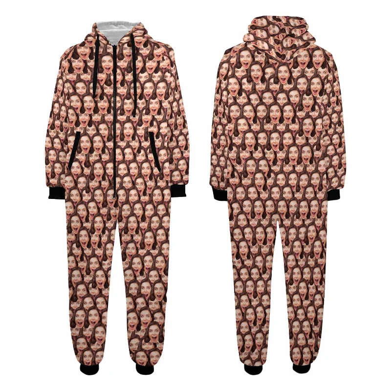 Custom Seamless Face Onesie Pajamas Flannel Fleece Adult Jumpsuit Homewear