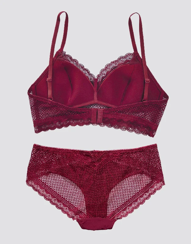 Lace Checker Bralette Set - Maroon