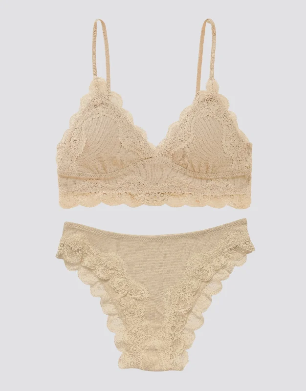 Lace Trim Bralette Set - Beige