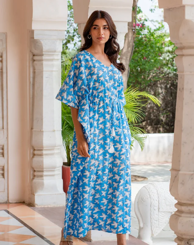 Chidiya Udd Hand Block Printed Cotton Kaftan - Full Length