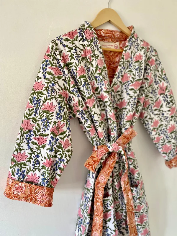 Luxury Quilted Hand Block Print Robe - Coral Pink Print