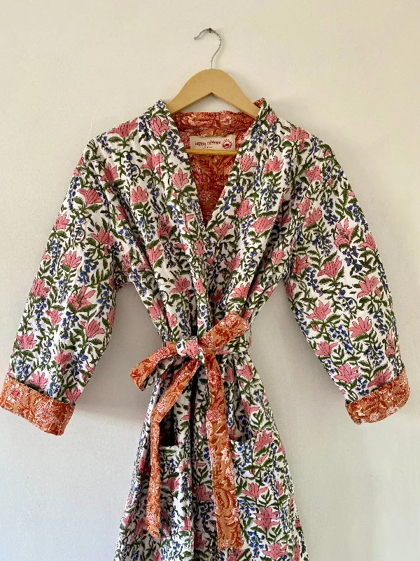 Luxury Quilted Hand Block Print Robe - Coral Pink Print