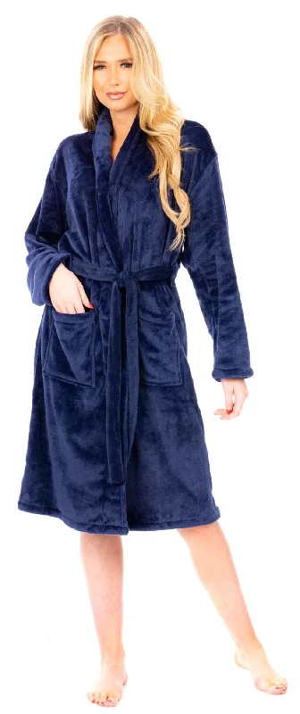 Ladies Navy Blue Flannel Fleece Bathrobe