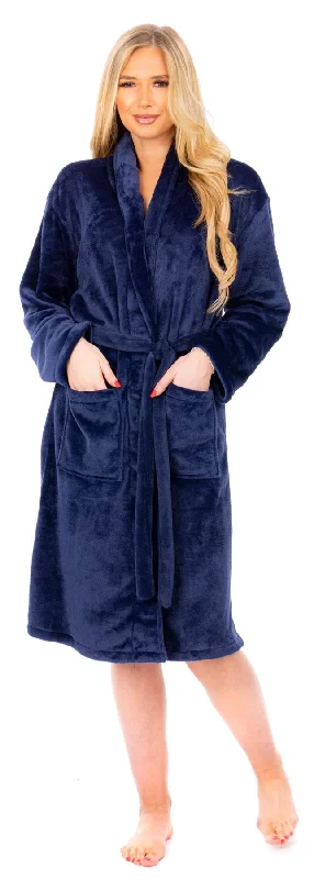 Ladies Navy Blue Flannel Fleece Bathrobe