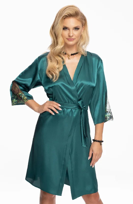 Ladies Stunning Jade Satin Floral Embroidered Lace Sleeves Waist Belt Short Dressing Gown