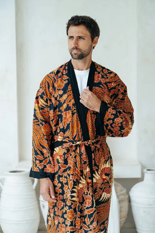 Red and Black Men's Full Length Batik Robe