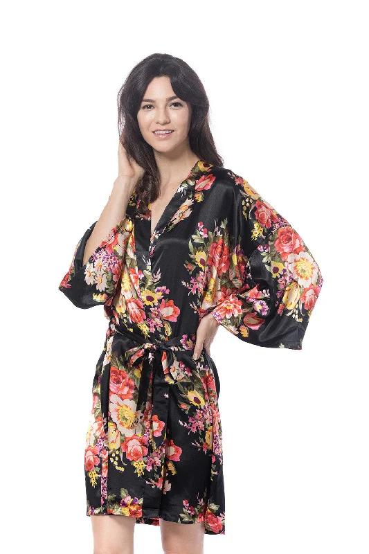 Satin Floral Blossom Robe Black