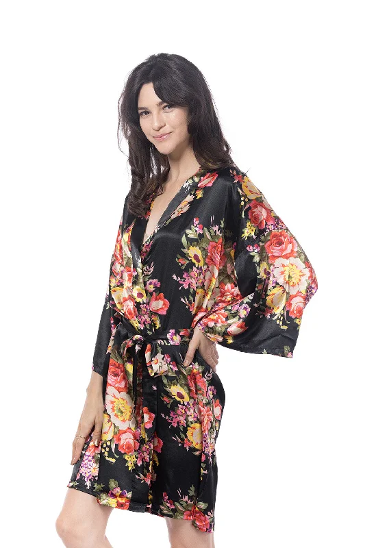 Satin Floral Blossom Robe Black