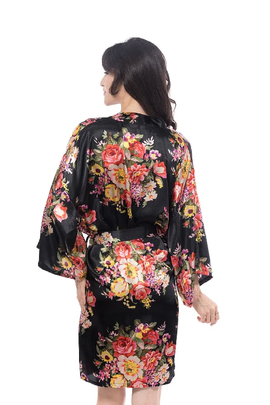 Satin Floral Blossom Robe Black