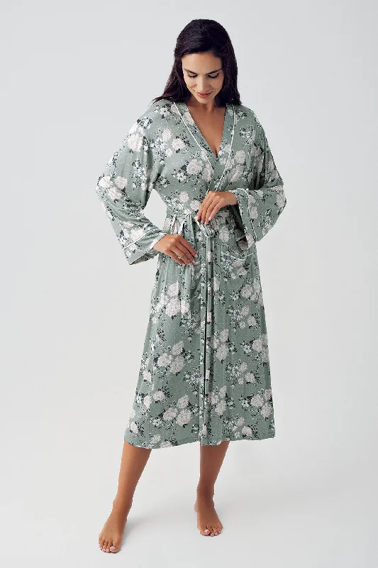 Shopymommy 15504 Flower Patterned Maternity Robe Green