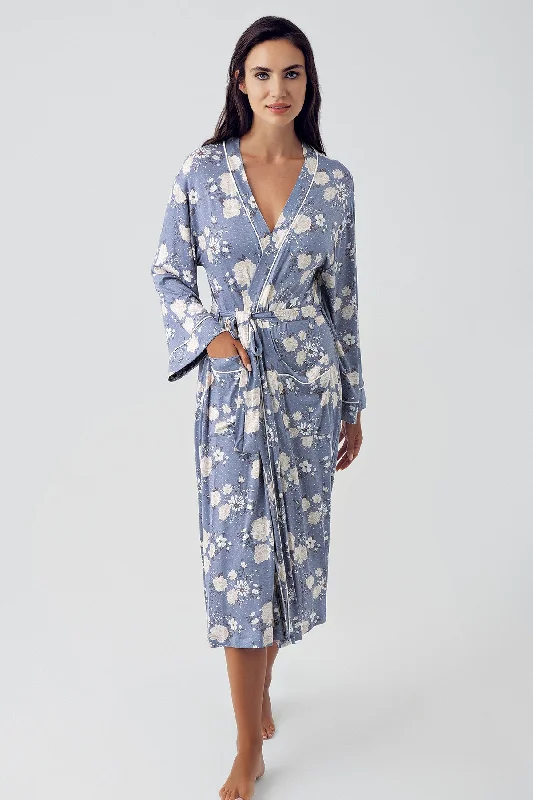 Shopymommy 15504 Flower Patterned Maternity Robe Indigo