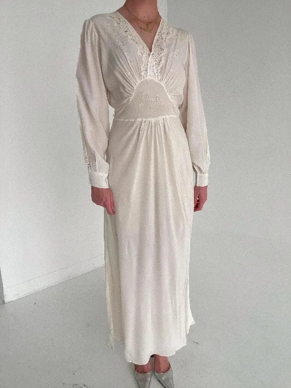 1930's White Silk Long Sleeve  Dress