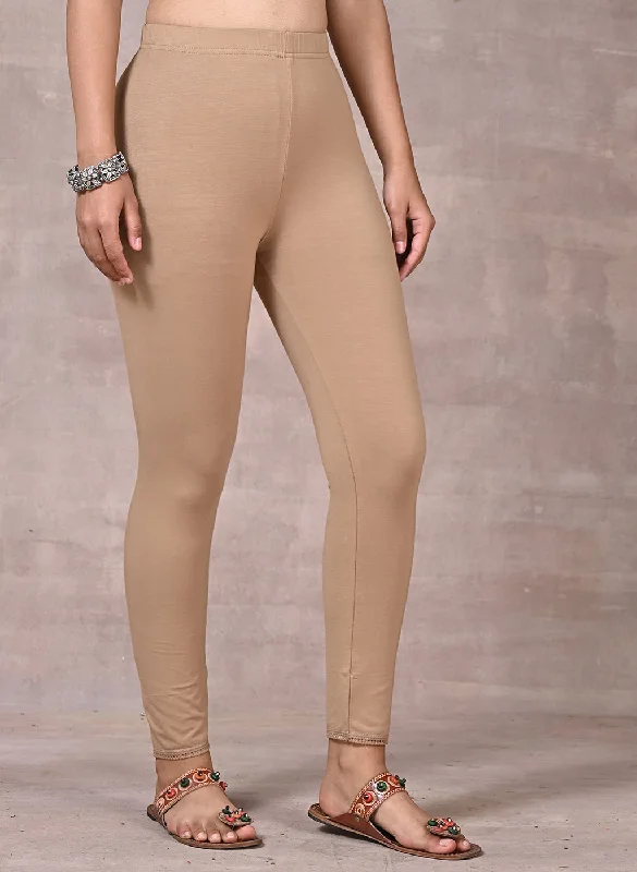 Beige Ankle Length Plain Legging