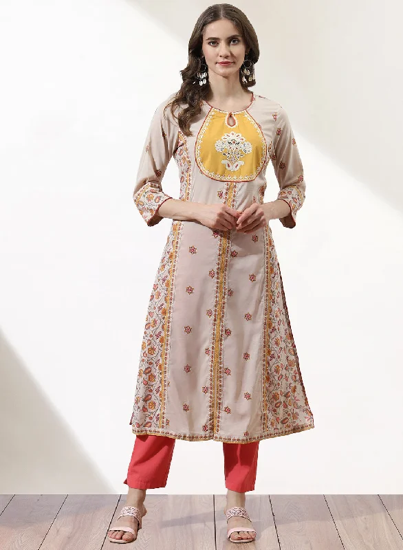 Beige Dhaage Collection Embroidered Kurta With Tassel Detailing