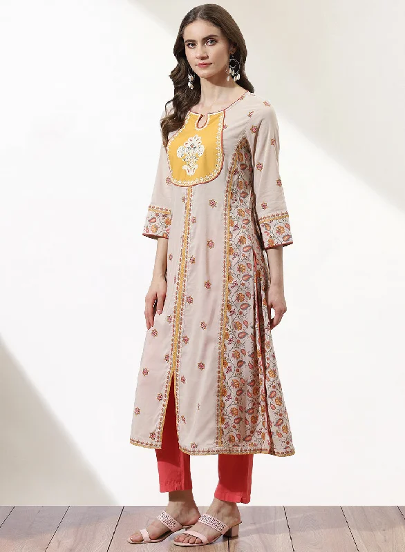 Beige Dhaage Collection Embroidered Kurta With Tassel Detailing