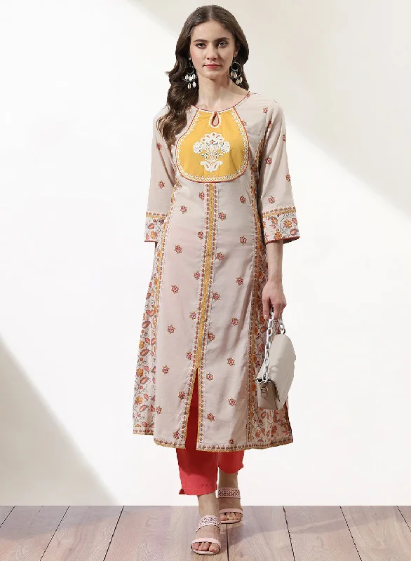 Beige Dhaage Collection Embroidered Kurta With Tassel Detailing