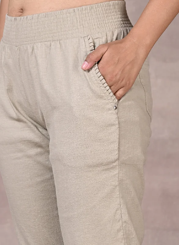 Beige Regular Plain Linen Capri