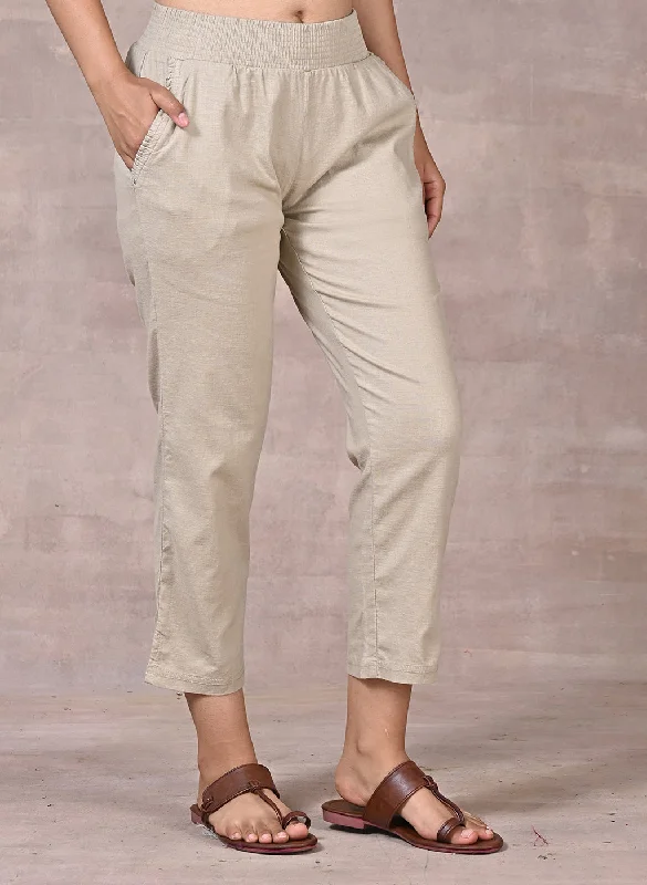 Beige Regular Plain Linen Capri