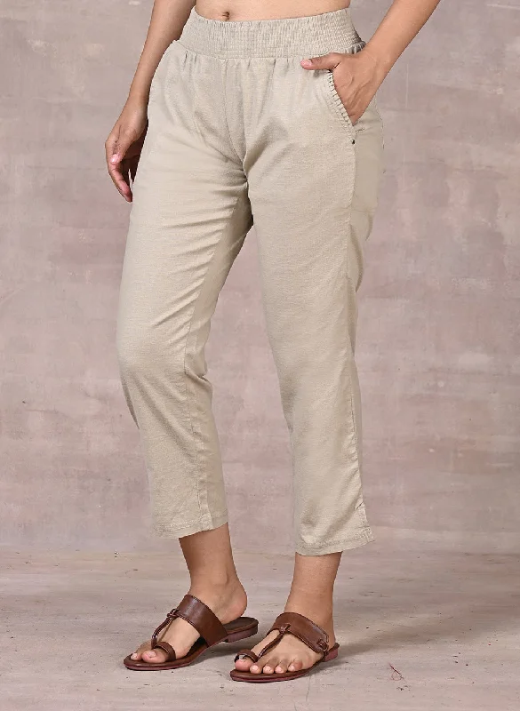 Beige Regular Plain Linen Capri