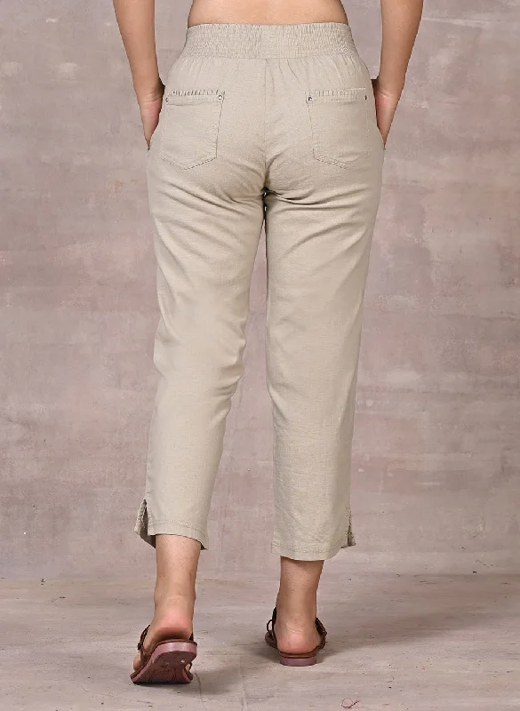 Beige Regular Plain Linen Capri