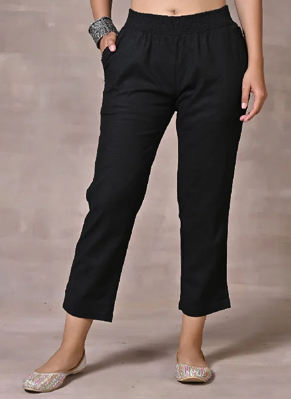 Black Regular Plain Linen Capri